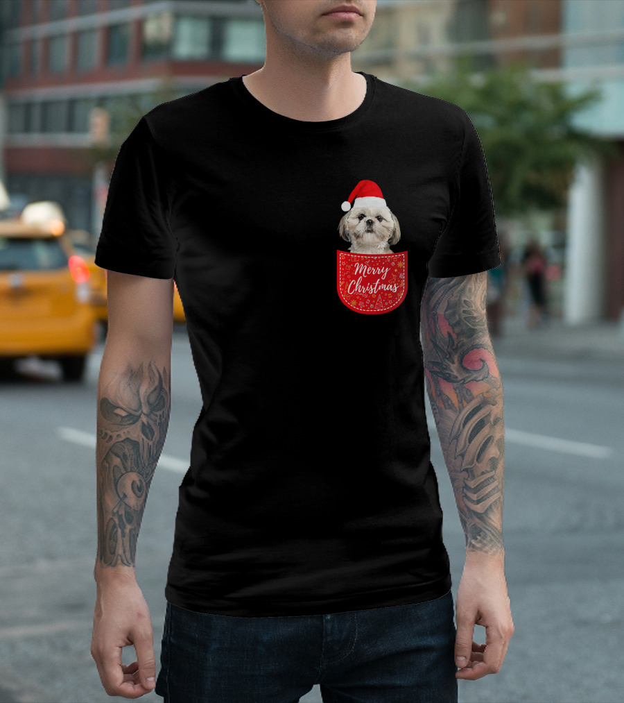 Merry Christmas Shih Tzu Santa Hat Dog In Pocket T-Shirt