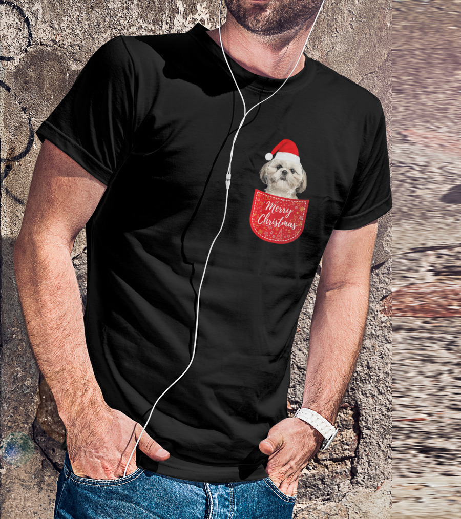 Merry Christmas Shih Tzu Santa Hat Dog In Pocket T-Shirt