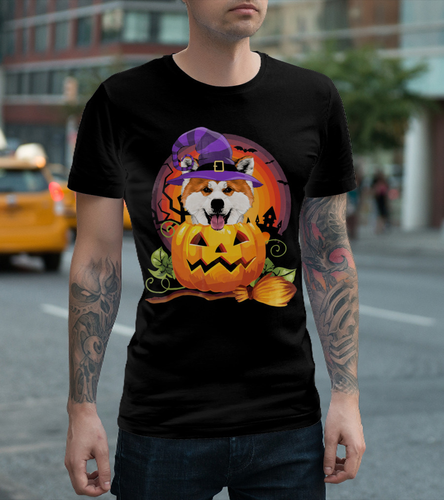 Halloween Akita Dog in Pumpkin and Witch Hat with Bats and Broomstick T-Shirt