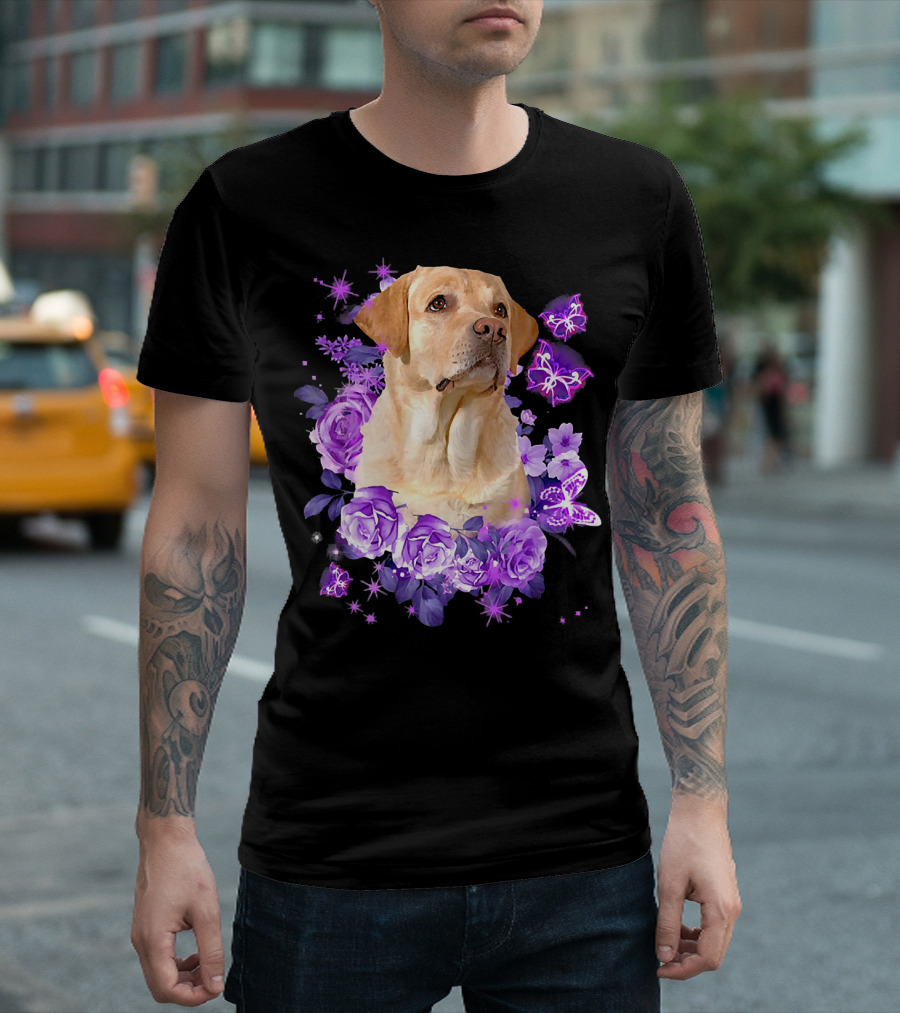 Cute Labrador Retriever Surrounded by Purple Flowers and Butterflies T-Shirt