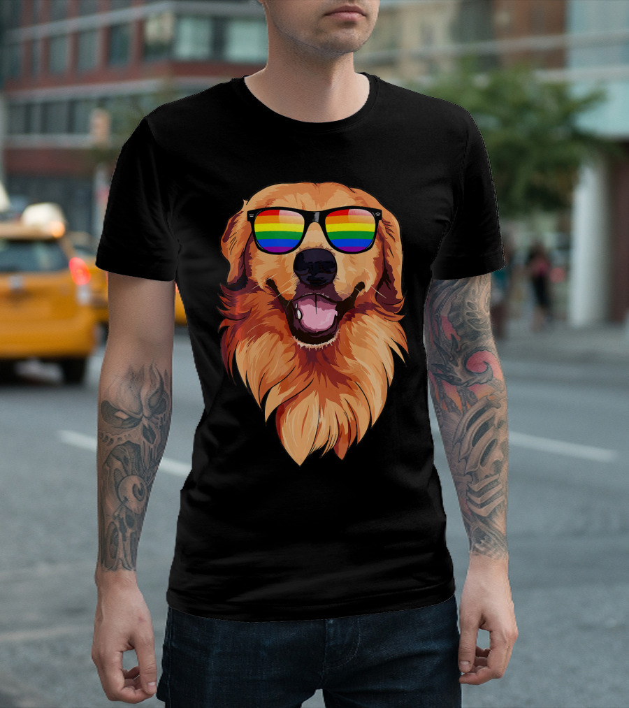 Golden Retriever with Rainbow Sunglasses Face T-Shirt