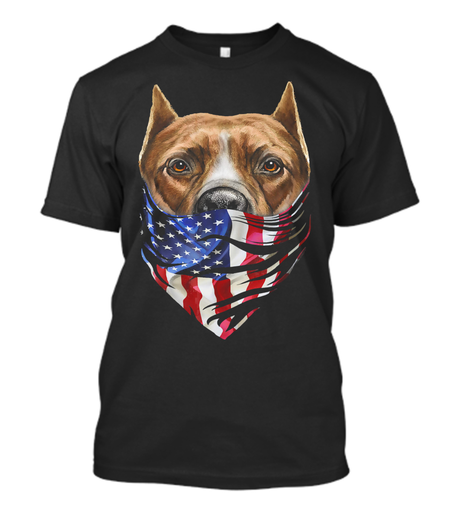 Brown Pit Bull With American Flag Bandana USA Patriotic T-Shirt