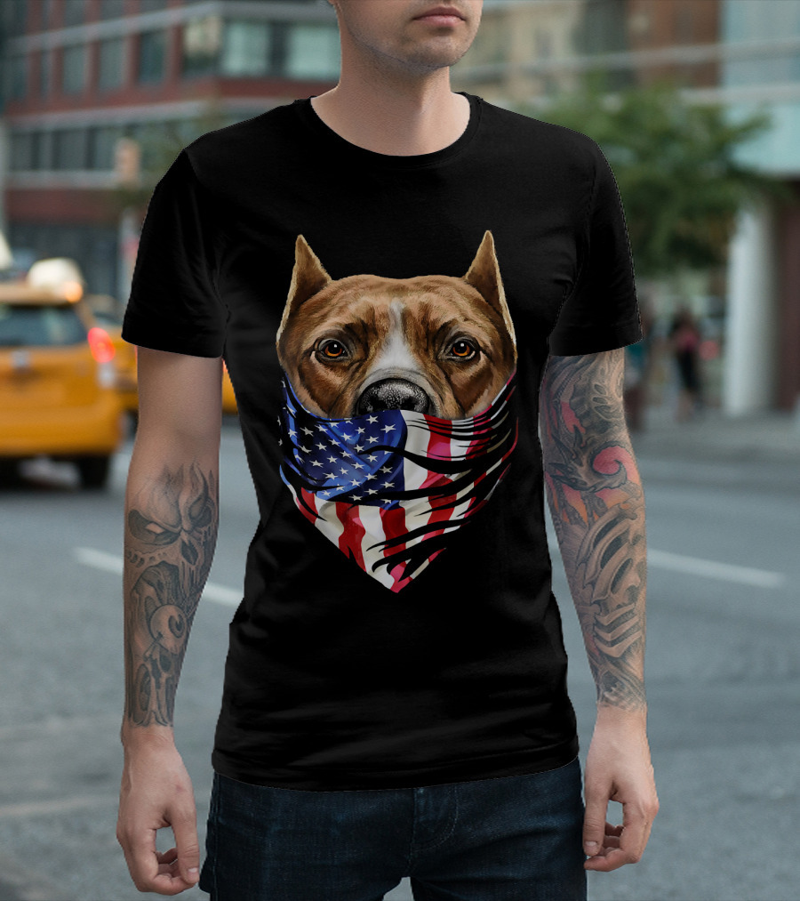 Brown Pit Bull With American Flag Bandana USA Patriotic T-Shirt