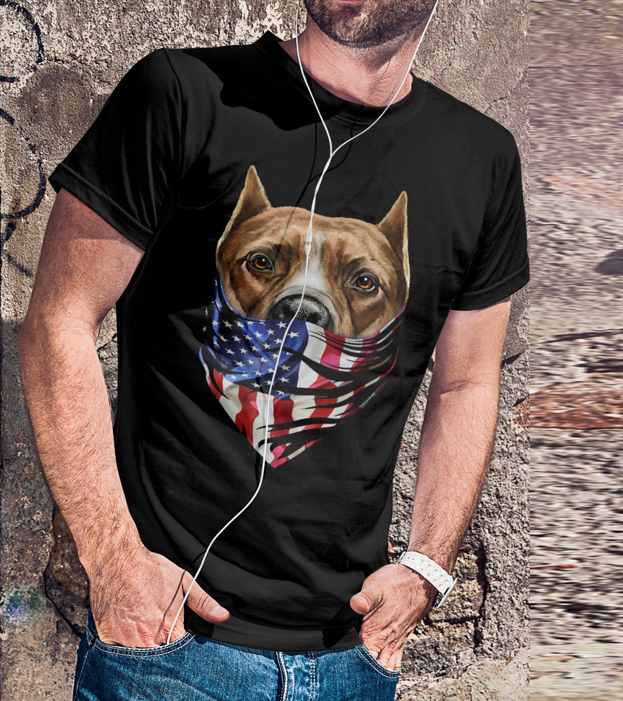 Brown Pit Bull With American Flag Bandana USA Patriotic T-Shirt