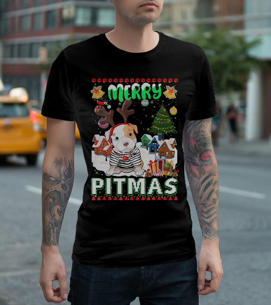 Merry Pitmas Cute Pit Bull with Christmas Village and Tree T-Shirt