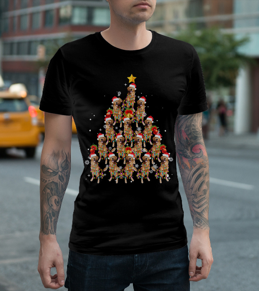 Golden Retriever Christmas Tree with Santa Hats and Colorful Lights T-Shirt