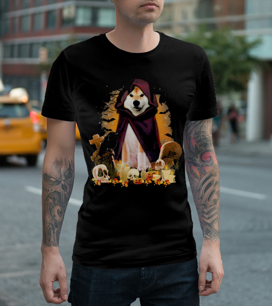 Akita Dog in Halloween Cloak with Skulls and Pumpkins T-Shirt
