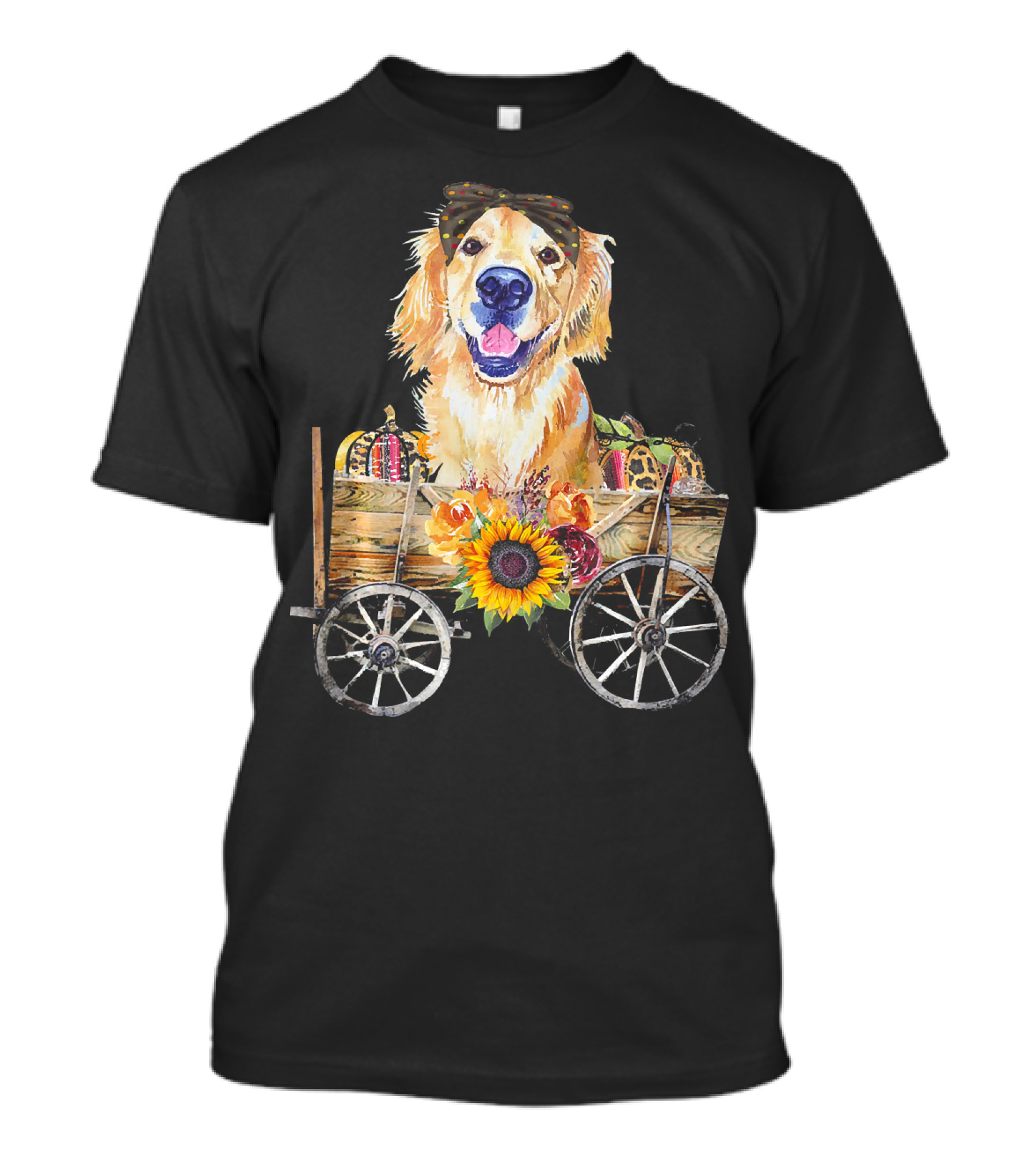 Golden Retriever With Pumpkins And Sunflower In Wooden Wheelbarrow T-Shirt