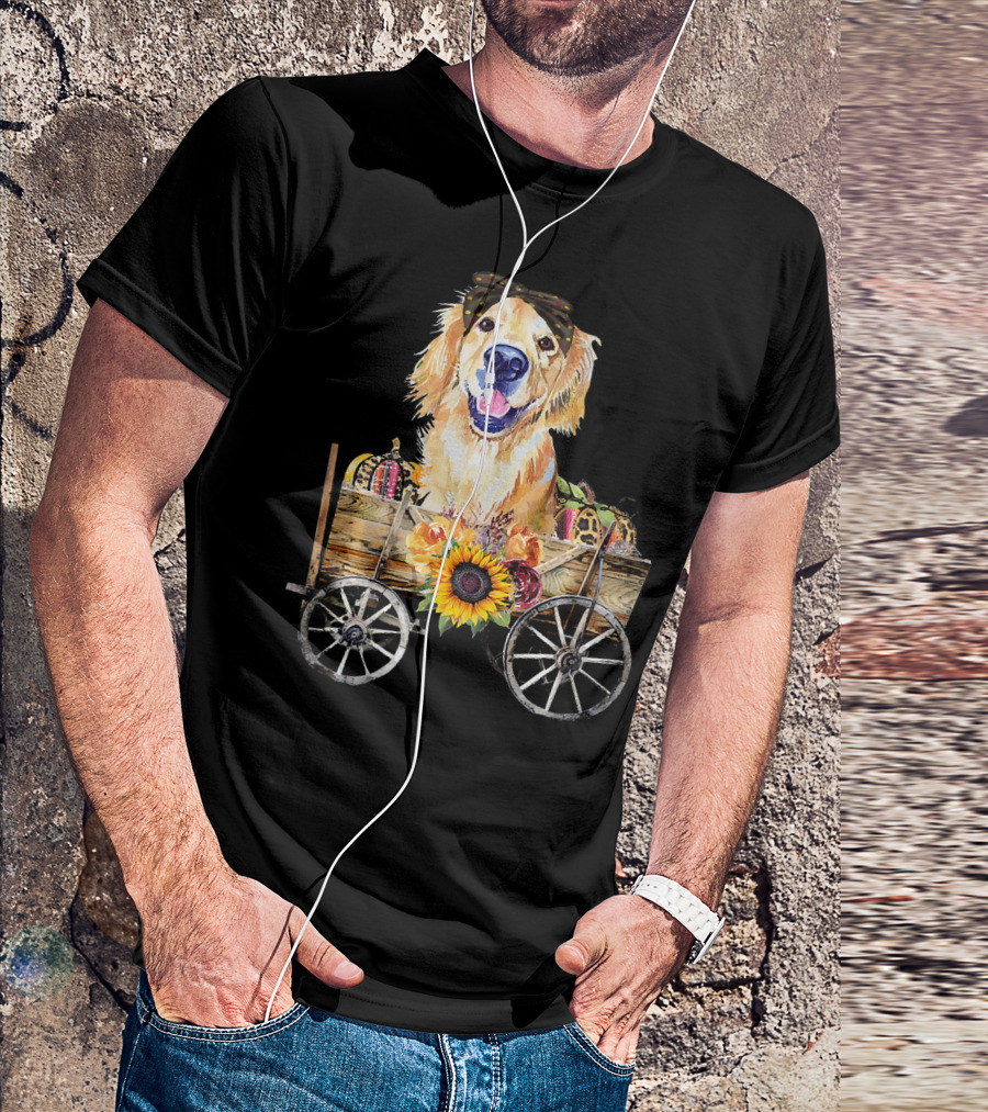 Golden Retriever With Pumpkins And Sunflower In Wooden Wheelbarrow T-Shirt