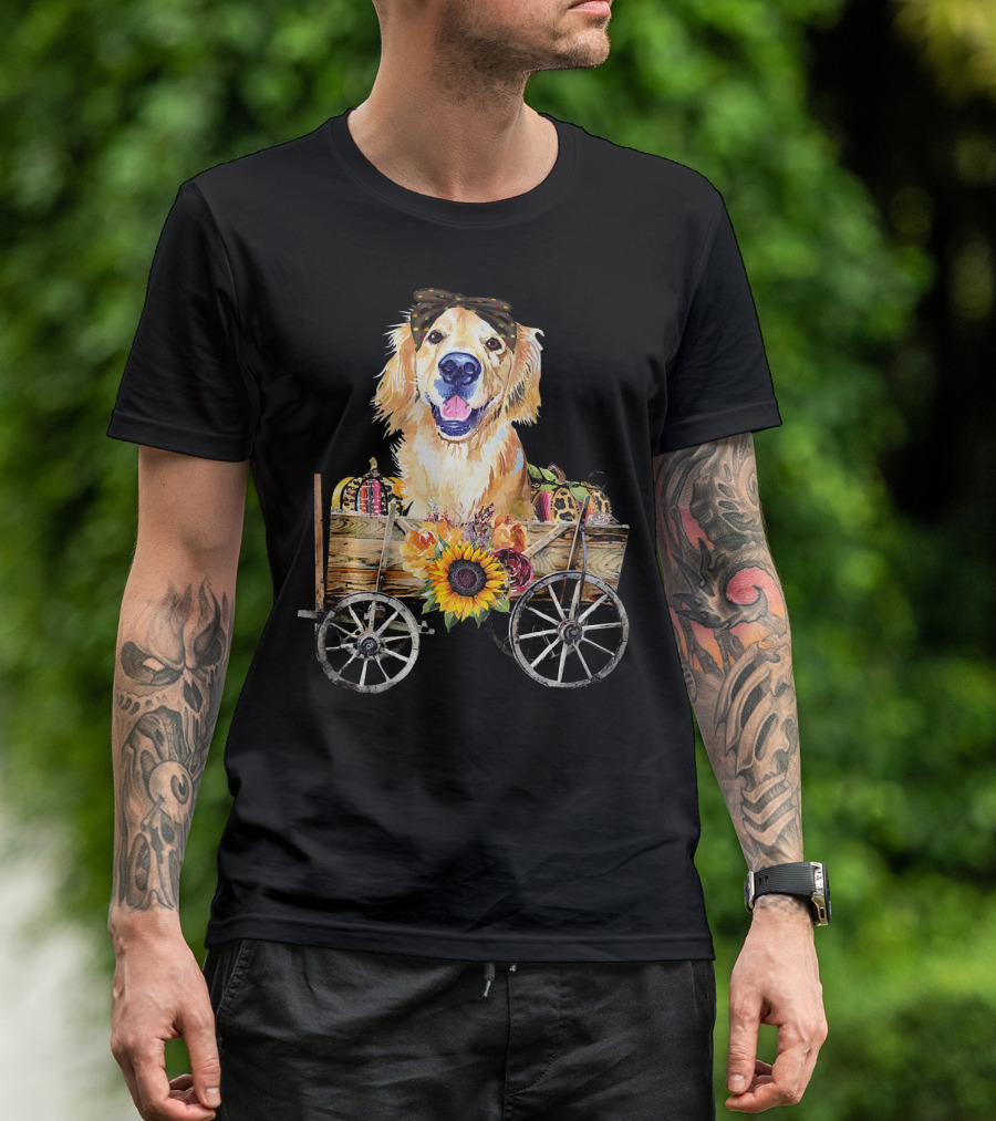 Golden Retriever With Pumpkins And Sunflower In Wooden Wheelbarrow T-Shirt