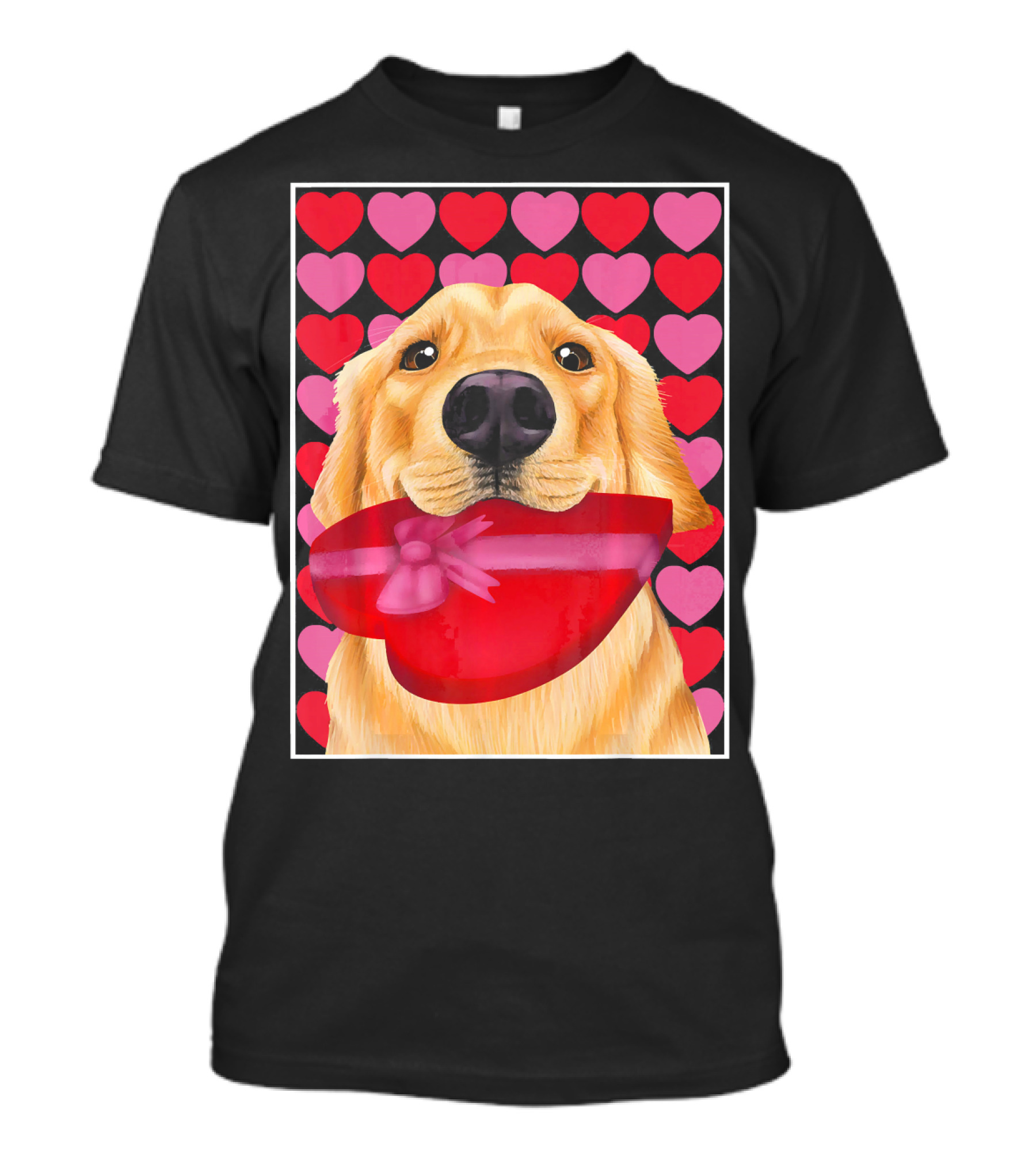 Golden Retriever Holding Red Heart-Shaped Gift Box Against Pink And Red Hearts Background T-Shirt