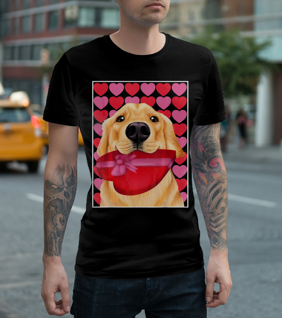 Golden Retriever Holding Red Heart-Shaped Gift Box Against Pink And Red Hearts Background T-Shirt