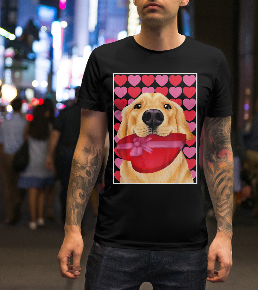 Golden Retriever Holding Red Heart-Shaped Gift Box Against Pink And Red Hearts Background T-Shirt