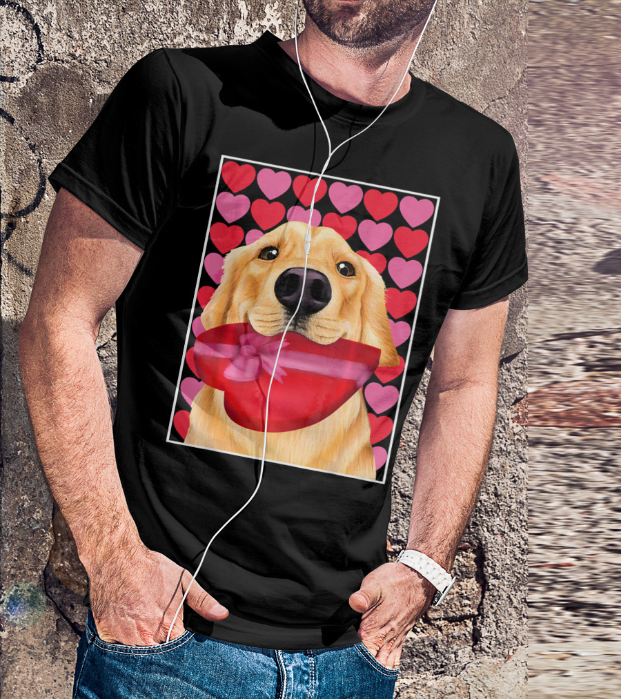 Golden Retriever Holding Red Heart-Shaped Gift Box Against Pink And Red Hearts Background T-Shirt