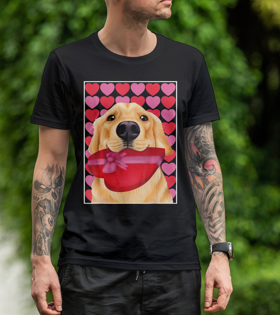 Golden Retriever Holding Red Heart-Shaped Gift Box Against Pink And Red Hearts Background T-Shirt