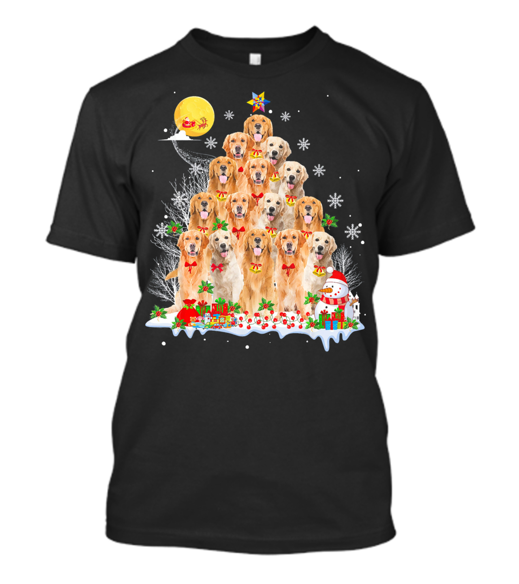 Golden Retriever Dog Reindeer Pine Tree Christmas Santa Snowman T-Shirt