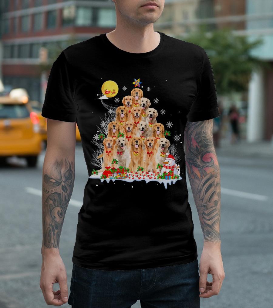 Golden Retriever Dog Reindeer Pine Tree Christmas Santa Snowman T-Shirt