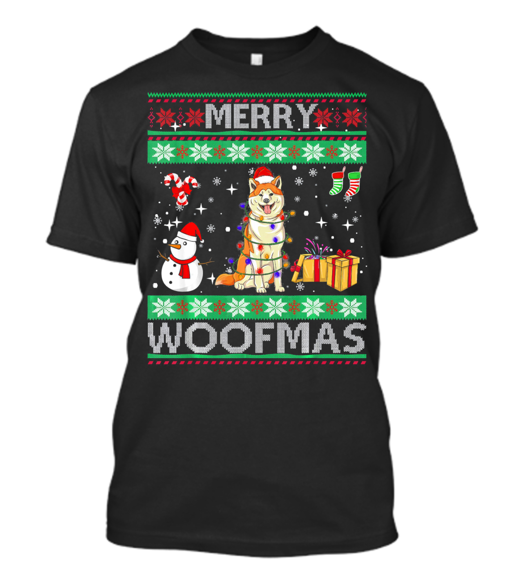 Merry Woofmas Akita Dog Christmas Snowman Lights Gifts T-Shirt