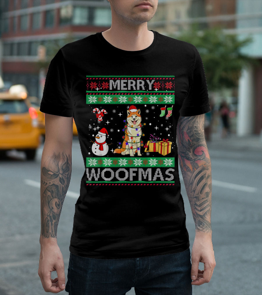Merry Woofmas Akita Dog Christmas Snowman Lights Gifts T-Shirt