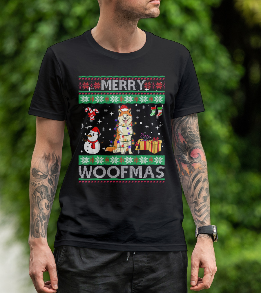 Merry Woofmas Akita Dog Christmas Snowman Lights Gifts T-Shirt