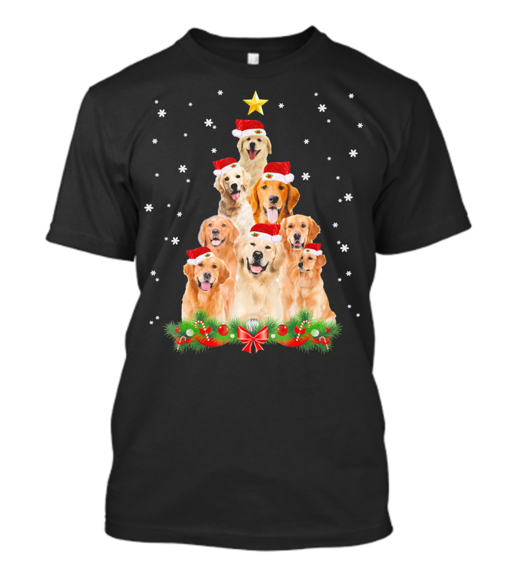 Golden Retriever Christmas Tree With Santa Hats And Snowflakes T-Shirt