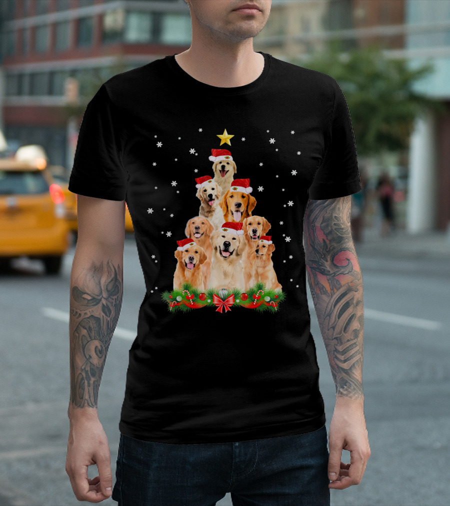 Golden Retriever Christmas Tree With Santa Hats And Snowflakes T-Shirt