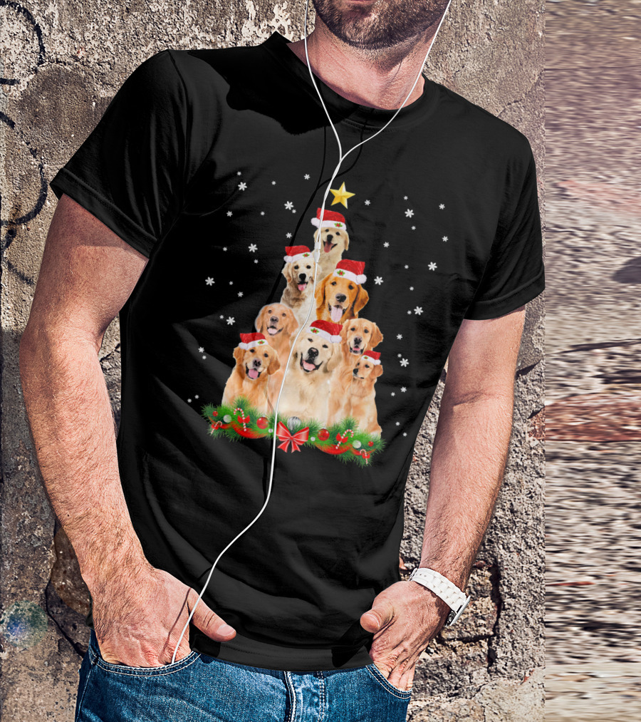 Golden Retriever Christmas Tree With Santa Hats And Snowflakes T-Shirt
