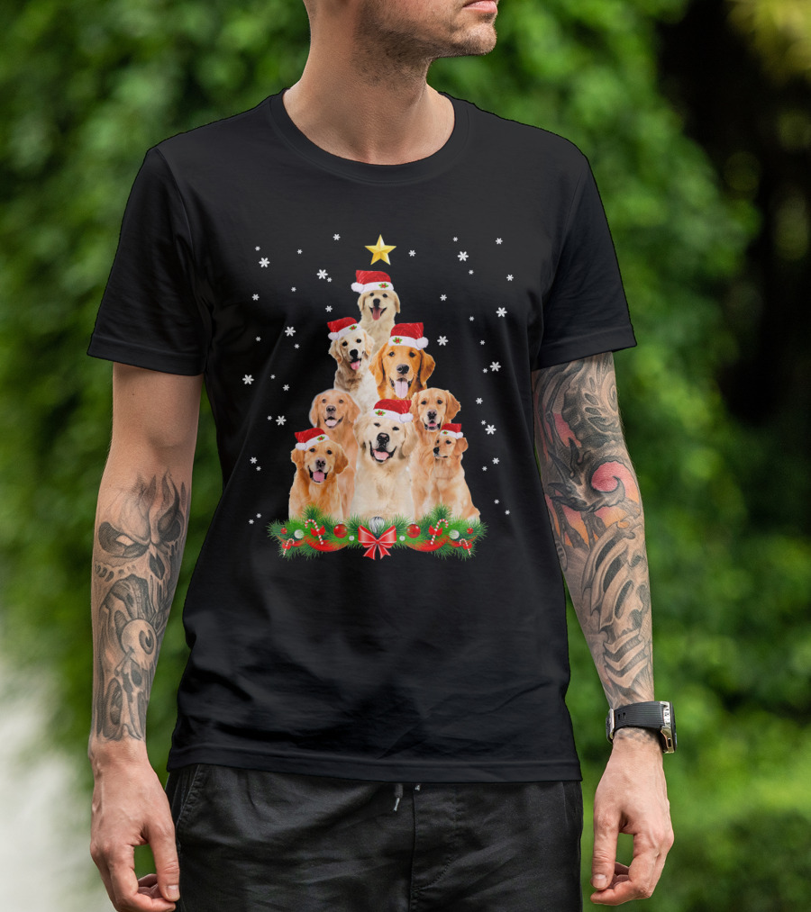 Golden Retriever Christmas Tree With Santa Hats And Snowflakes T-Shirt
