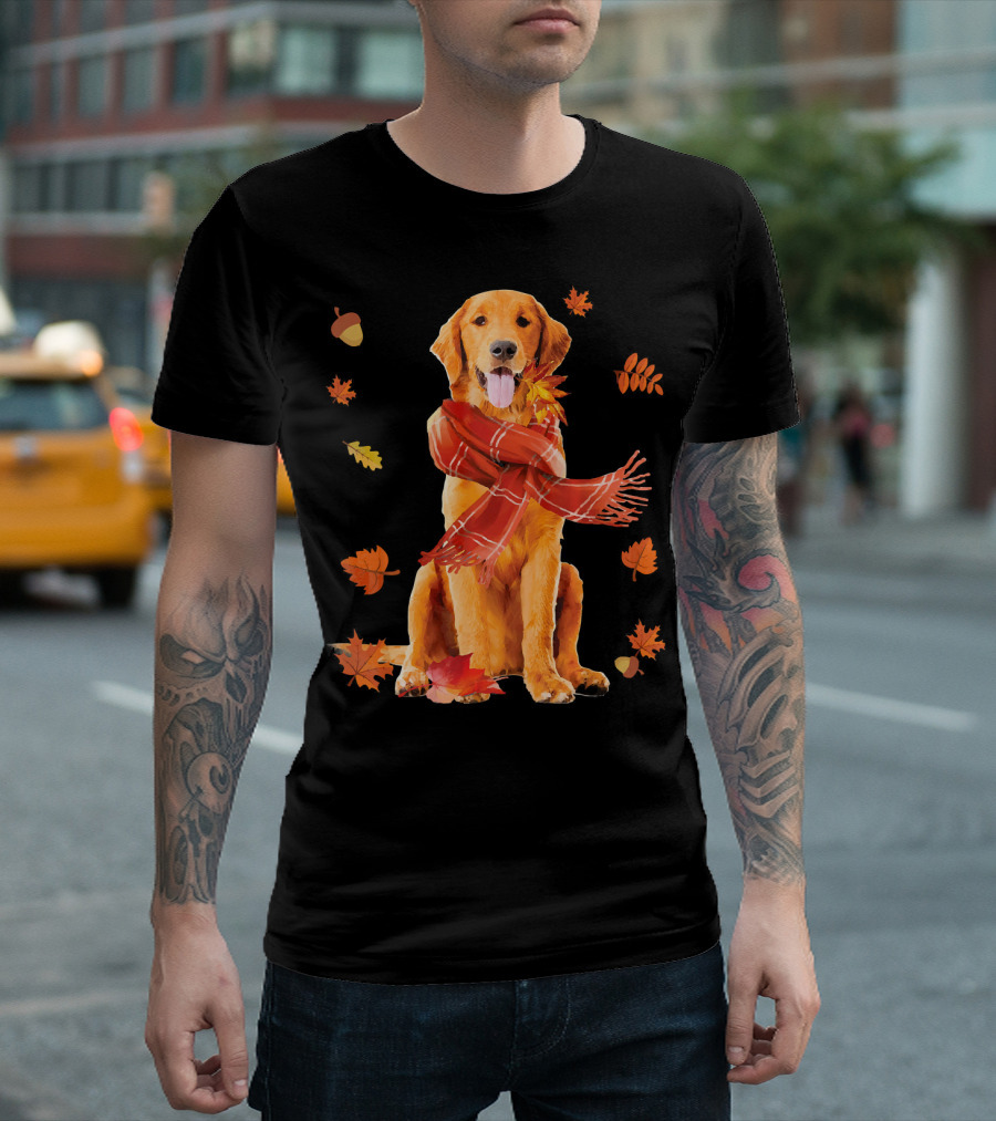 Golden Retriever with Scarf and Autumn Leaves T-Shirt