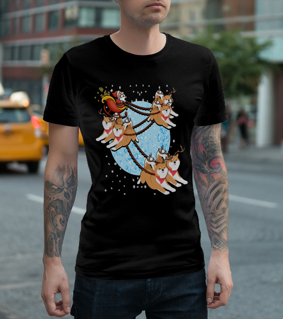 Funny Santa Claus Sleigh with Akita Reindeer on Moonlit Night T-Shirt