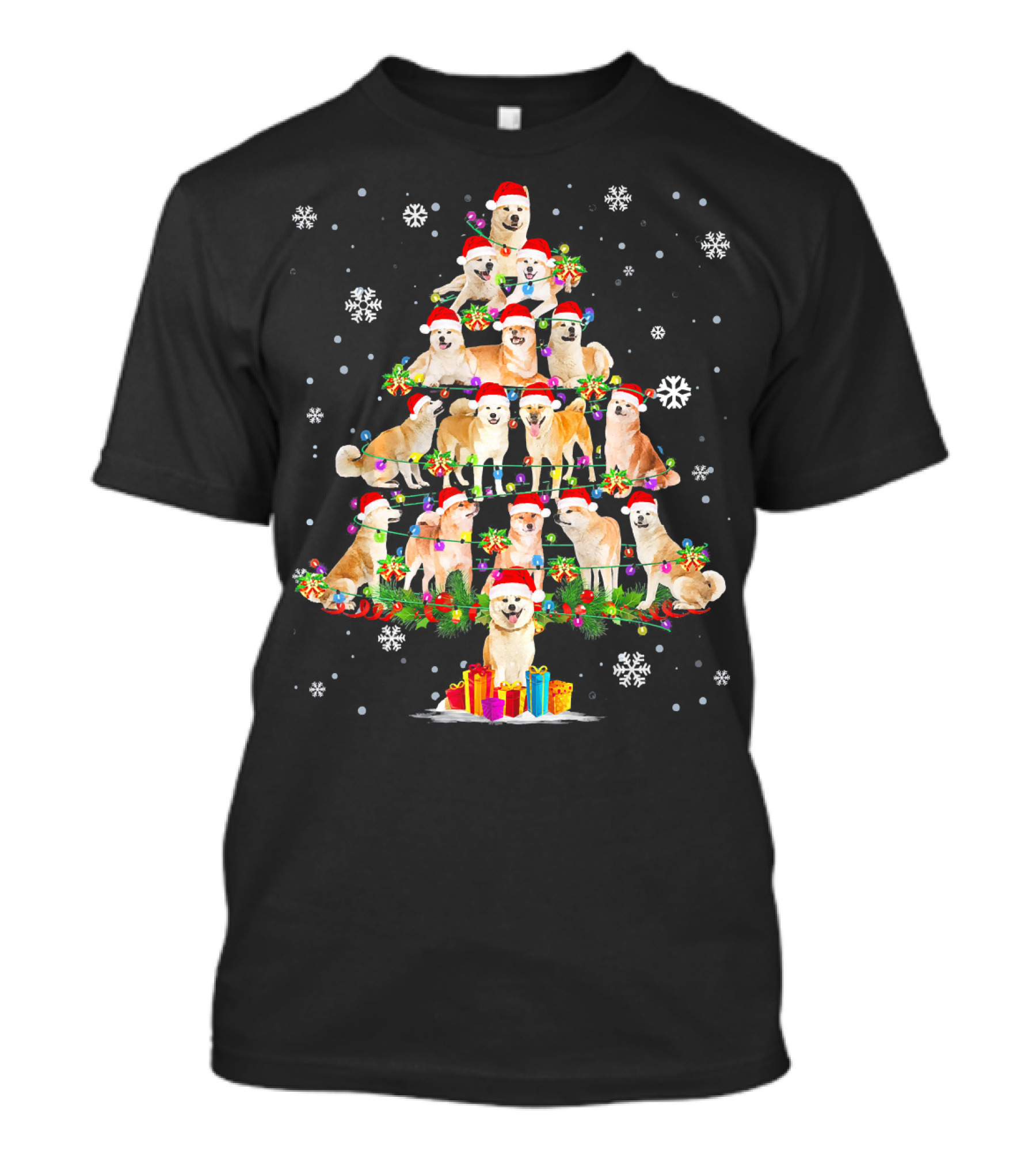 Funny Akita Inu Dog Christmas Tree With Santa Hats And Snowflakes T-Shirt
