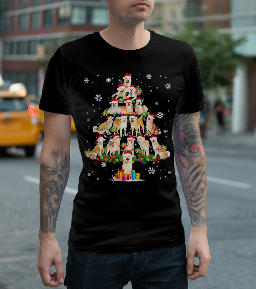 Funny Akita Inu Dog Christmas Tree With Santa Hats And Snowflakes T-Shirt