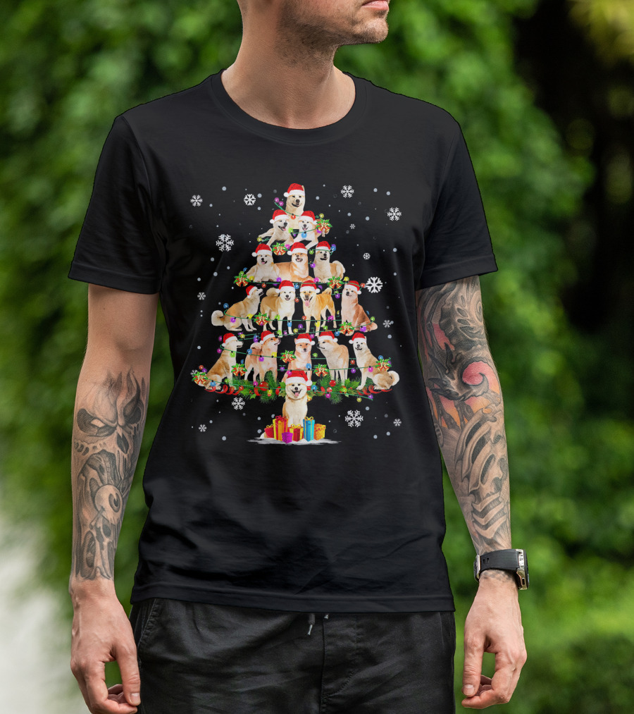 Funny Akita Inu Dog Christmas Tree With Santa Hats And Snowflakes T-Shirt