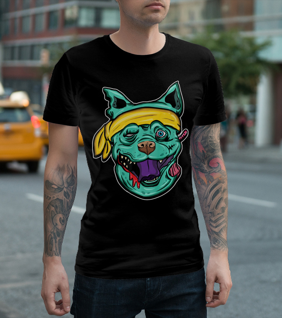 Funny Pit Bull Zombie Head with Yellow Bandana and Purple Tongue T-Shirt