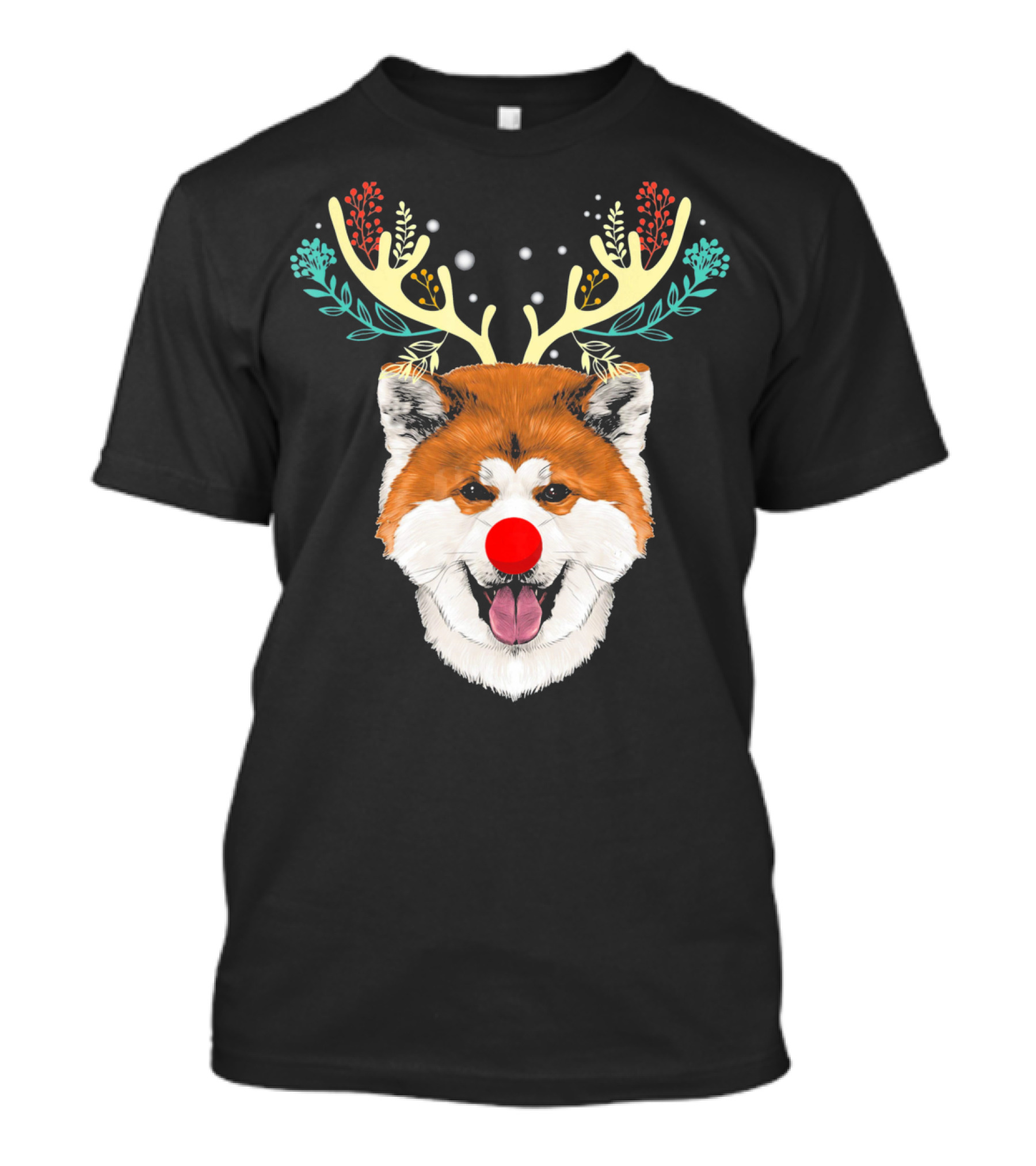 Akita Dog With Reindeer Antlers And Red Nose Christmas Costume T-Shirt