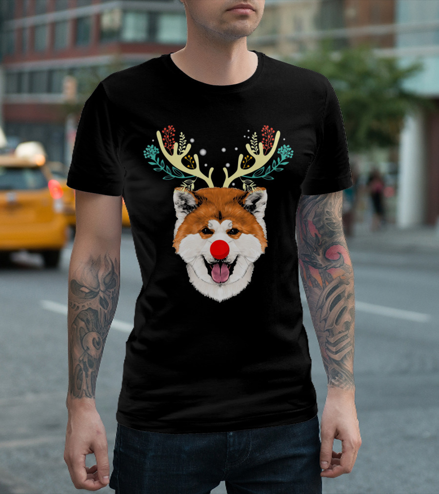 Akita Dog With Reindeer Antlers And Red Nose Christmas Costume T-Shirt