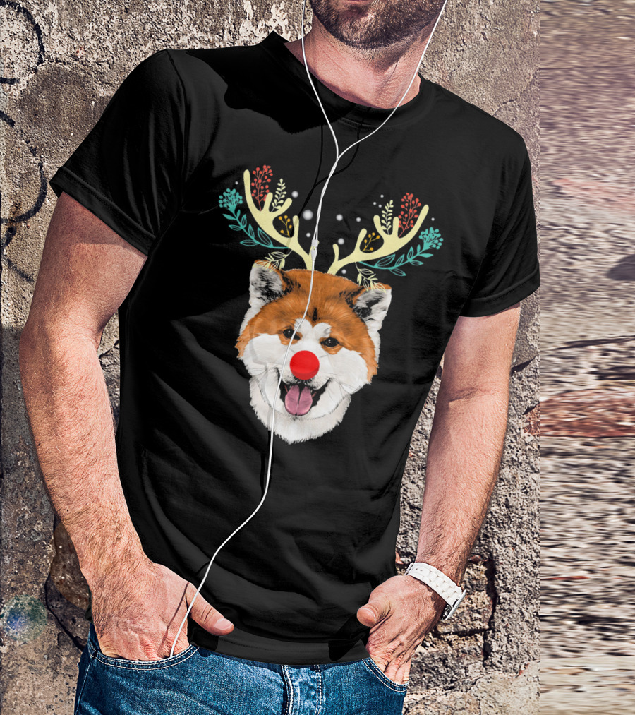 Akita Dog With Reindeer Antlers And Red Nose Christmas Costume T-Shirt