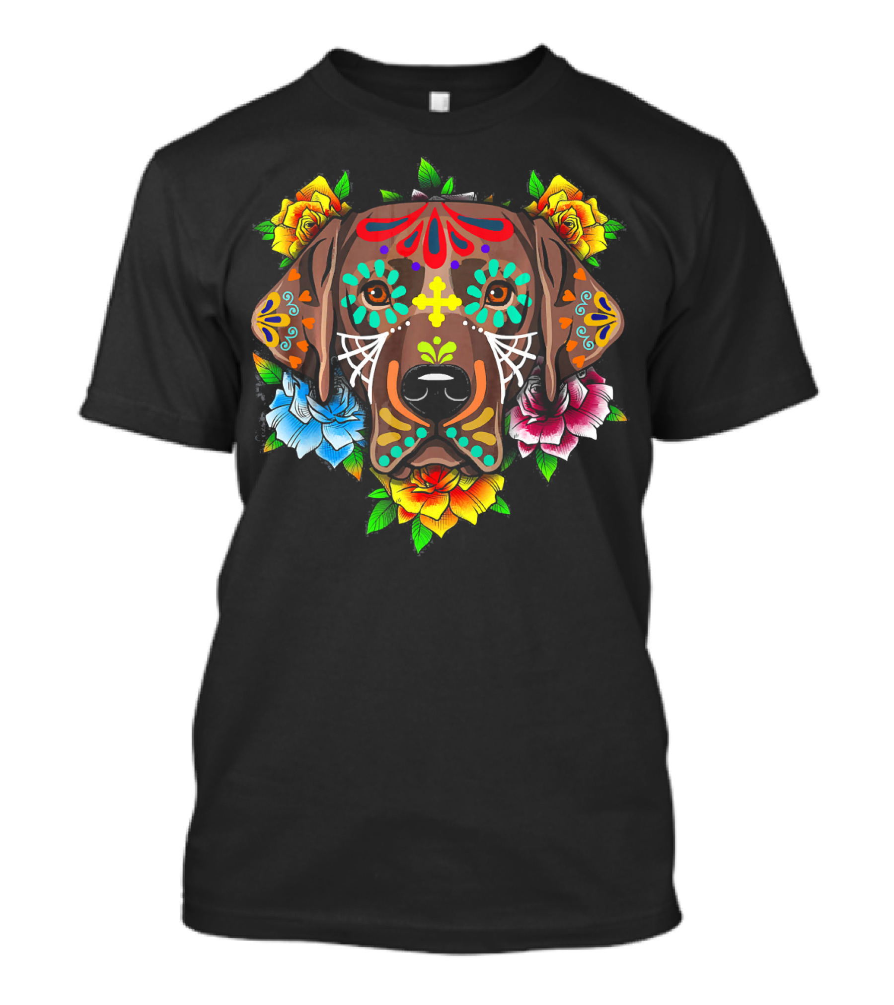 Black Labrador Retriever Sugar Skull Floral Day Of The Dead T-Shirt