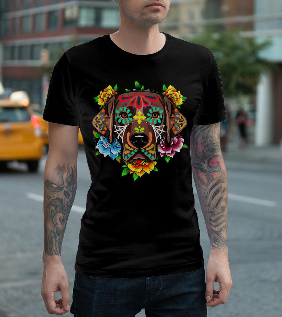 Black Labrador Retriever Sugar Skull Floral Day Of The Dead T-Shirt