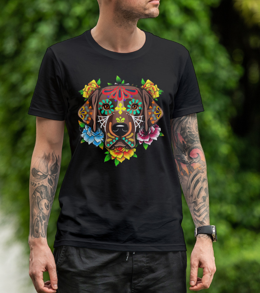 Black Labrador Retriever Sugar Skull Floral Day Of The Dead T-Shirt