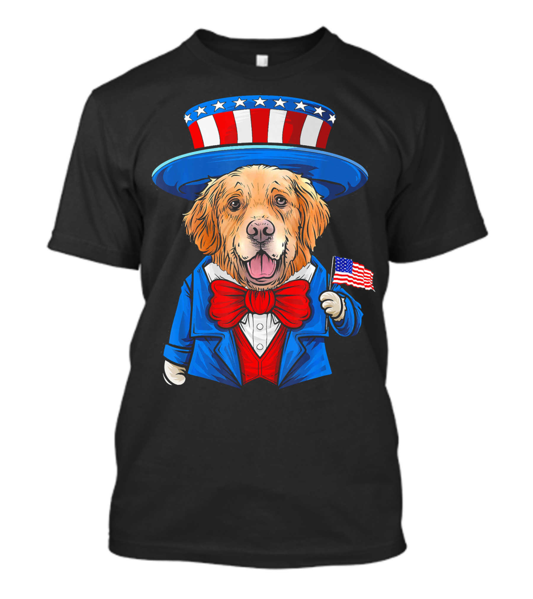 Funny Golden Retriever 4th Of July Uncle Sam Patriotic Dog Holding American Flag T-Shirt