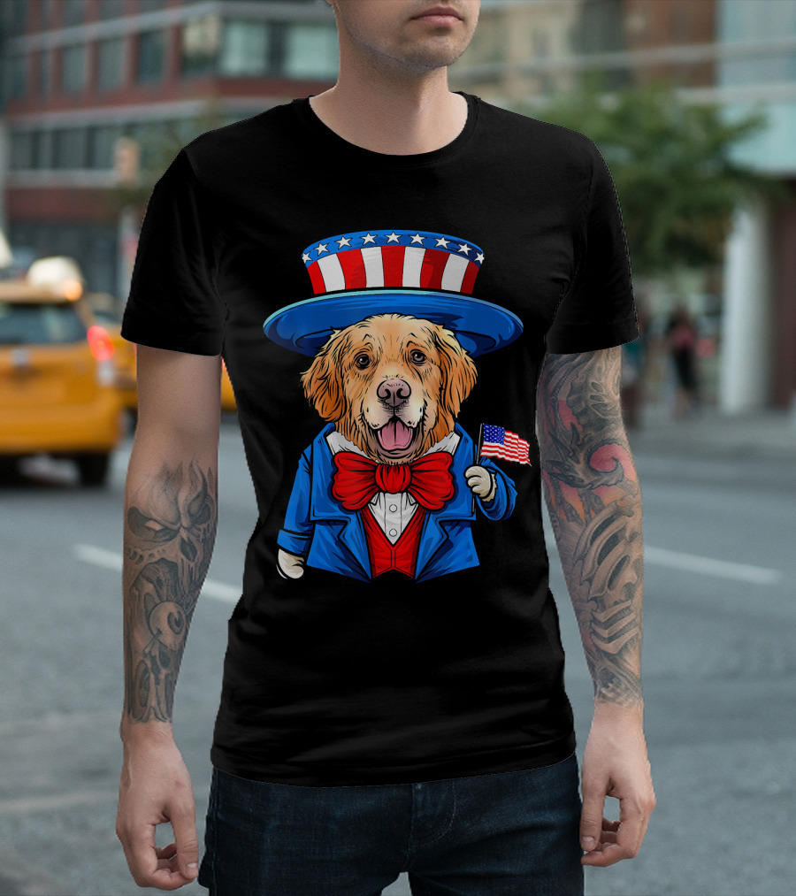 Funny Golden Retriever 4th Of July Uncle Sam Patriotic Dog Holding American Flag T-Shirt