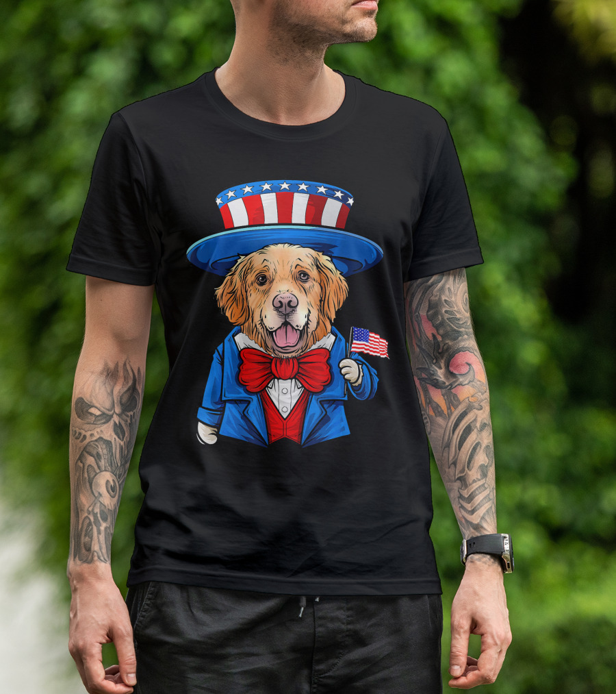Funny Golden Retriever 4th Of July Uncle Sam Patriotic Dog Holding American Flag T-Shirt