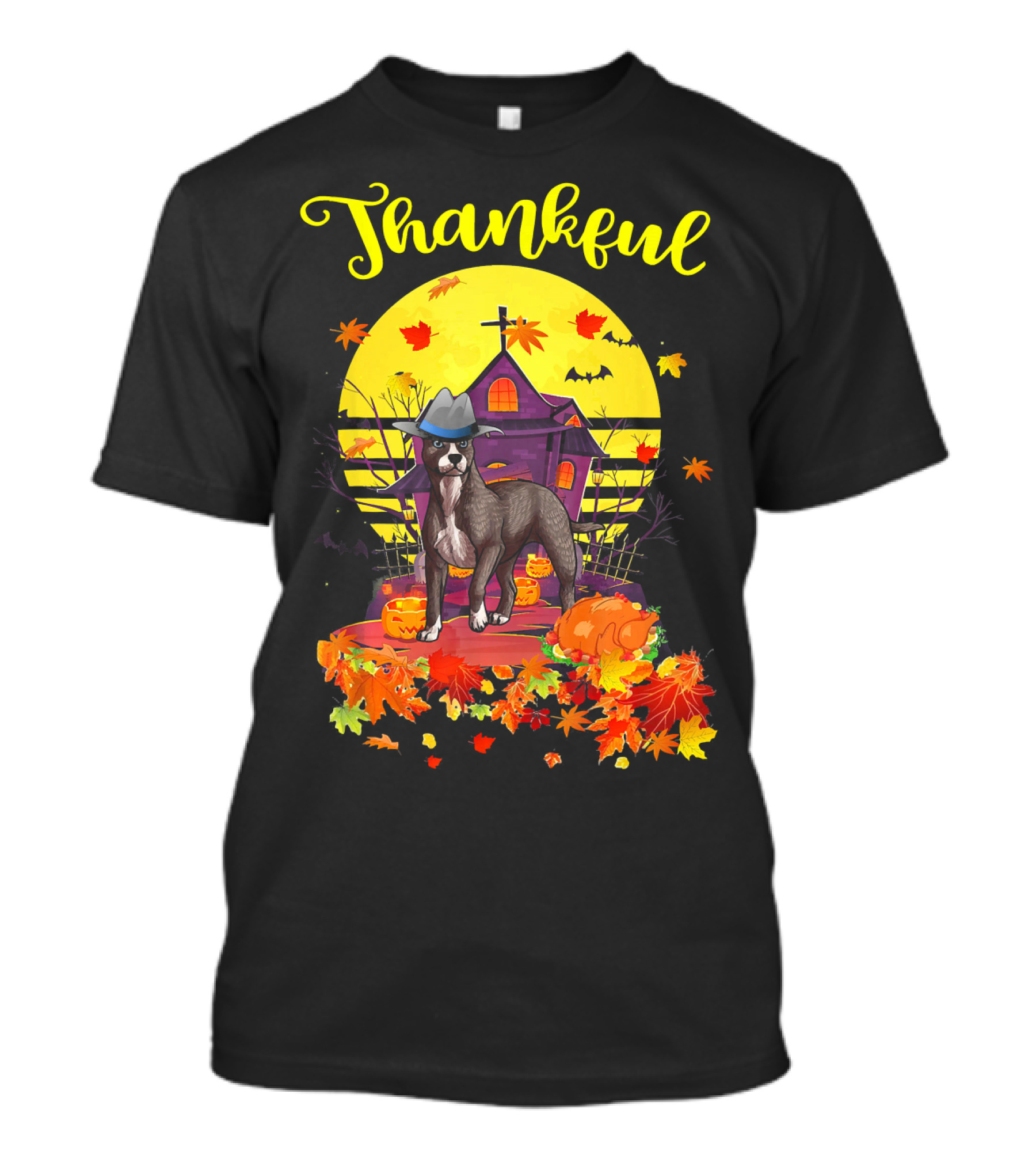Thankful American Pit Bull Terrier Dog Pilgrim With Pumpkin And Leaves T-Shirt