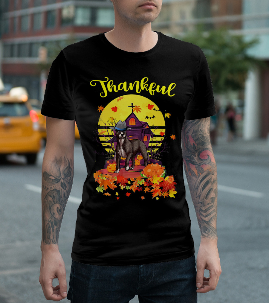 Thankful American Pit Bull Terrier Dog Pilgrim With Pumpkin And Leaves T-Shirt