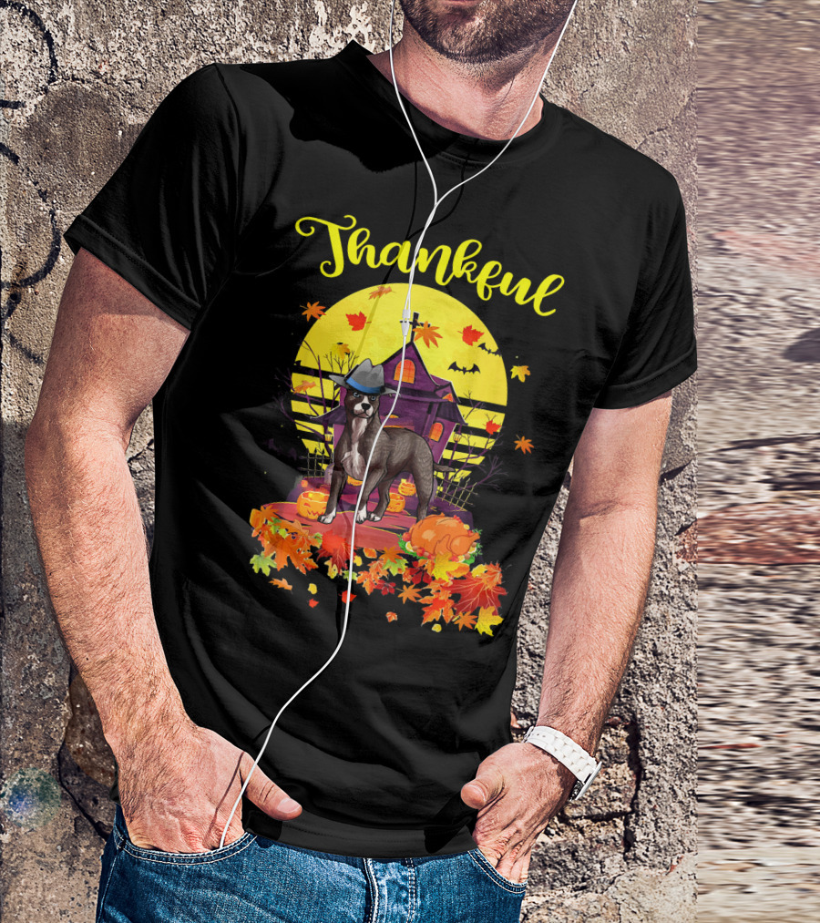 Thankful American Pit Bull Terrier Dog Pilgrim With Pumpkin And Leaves T-Shirt