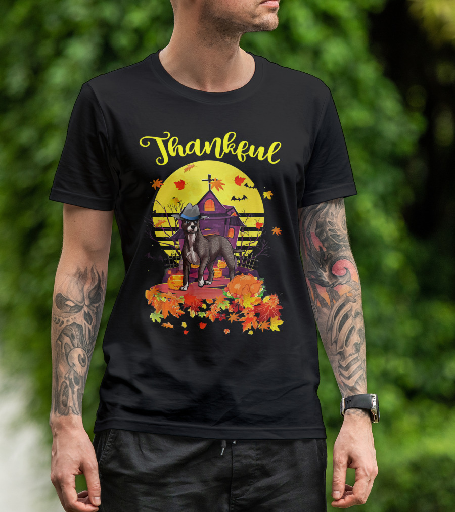 Thankful American Pit Bull Terrier Dog Pilgrim With Pumpkin And Leaves T-Shirt