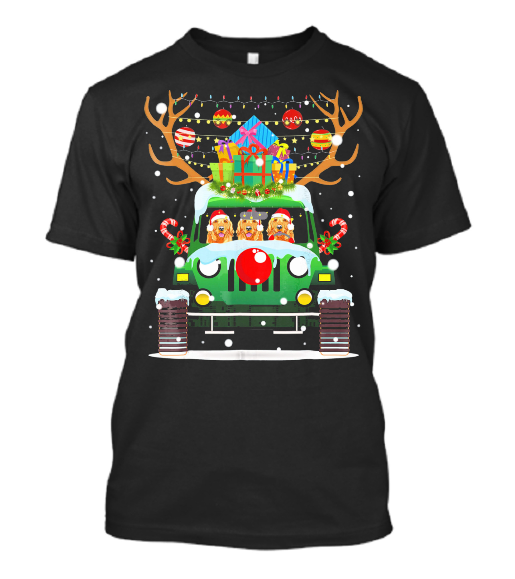 Golden Retriever Santa Driving Jeep With Reindeer Antlers And Christmas Gifts T-Shirt