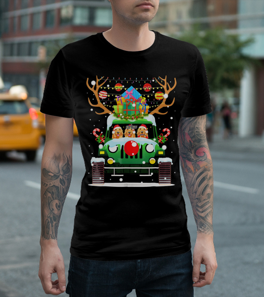 Golden Retriever Santa Driving Jeep With Reindeer Antlers And Christmas Gifts T-Shirt
