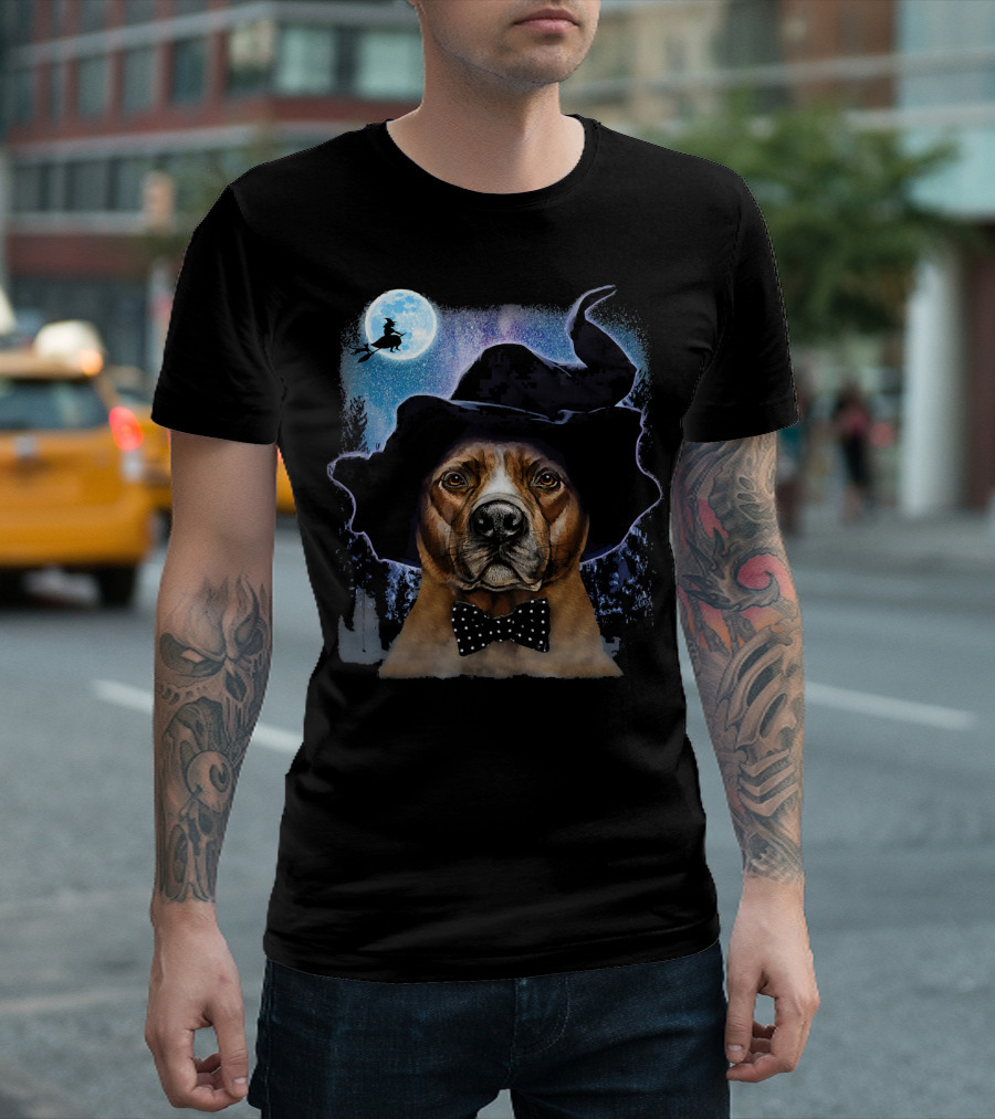 Brown Pit Bull Wearing Witch Hat with Polka Dot Bow Tie and Spooky Moonlit Forest T-Shirt